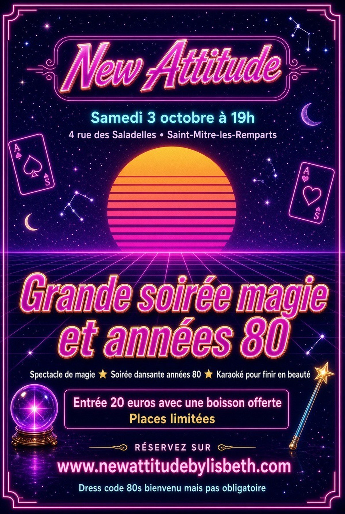 Grande soirée magie et années 80 — samedi 3 octobre à 19 h au salon New Attitude, Saint-Mitre-les-Remparts